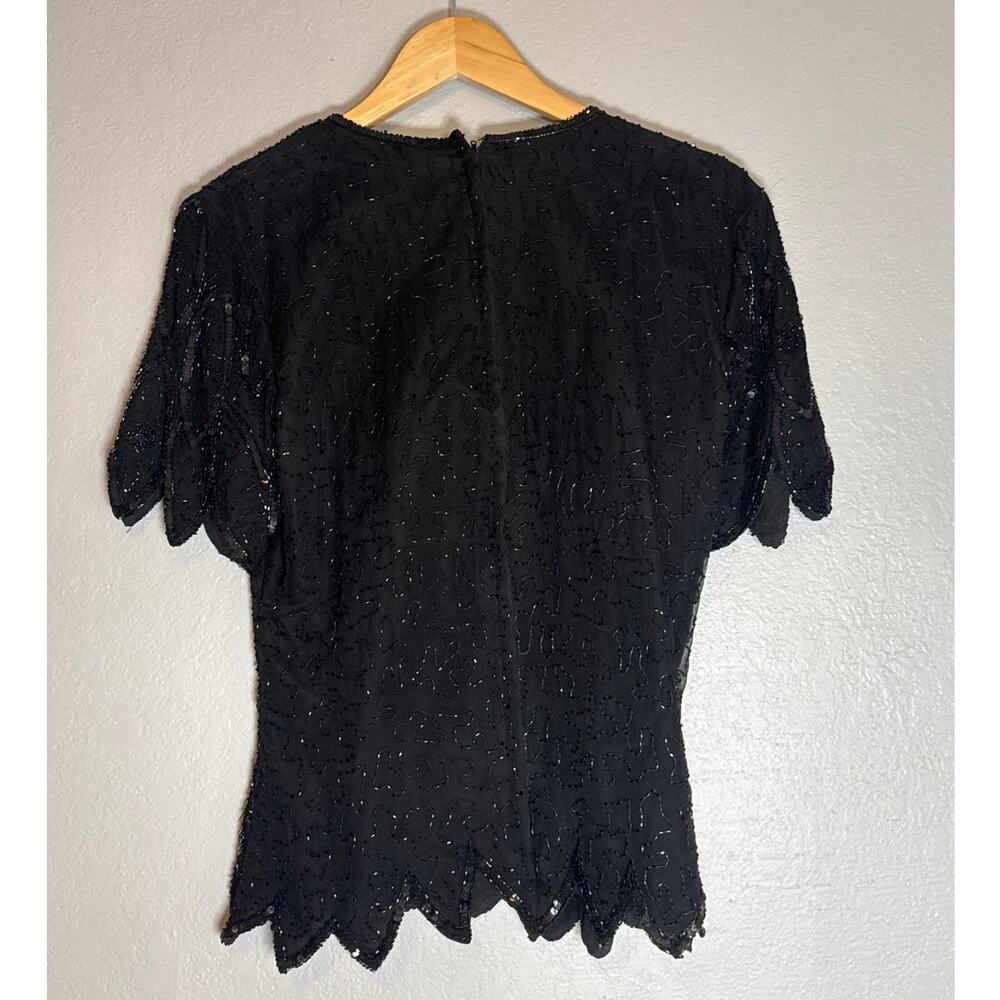 Vintage Silk Black Beaded Sequin Top 80s Glam Womens Medium Cocktail Stenay - Picture 3 of 6